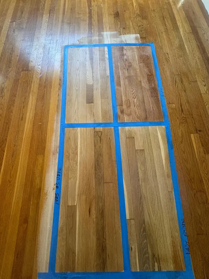 Stain color samples on sanded hardwood