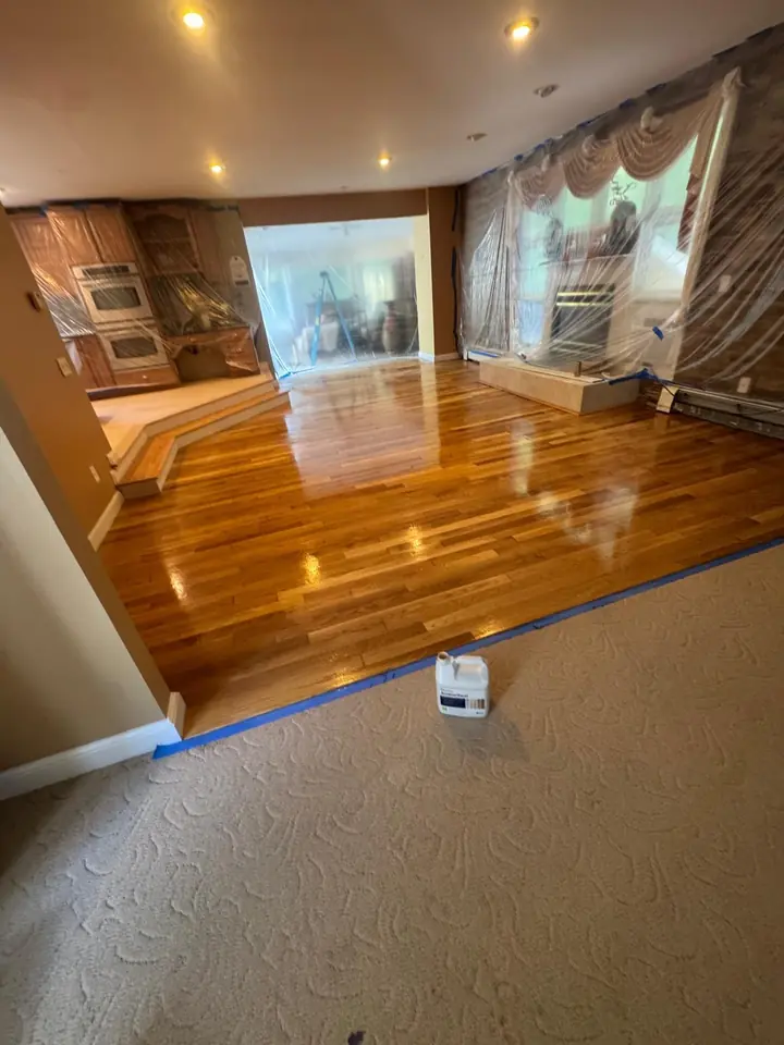 Family room hardwood floor with high-gloss finish