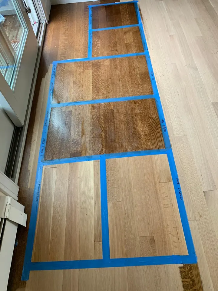Stain color test on hardwood floor